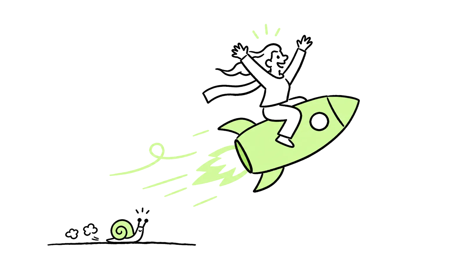Hand-drawn illustration of a person cheering as they ride a lime-green rocket past a slow snail